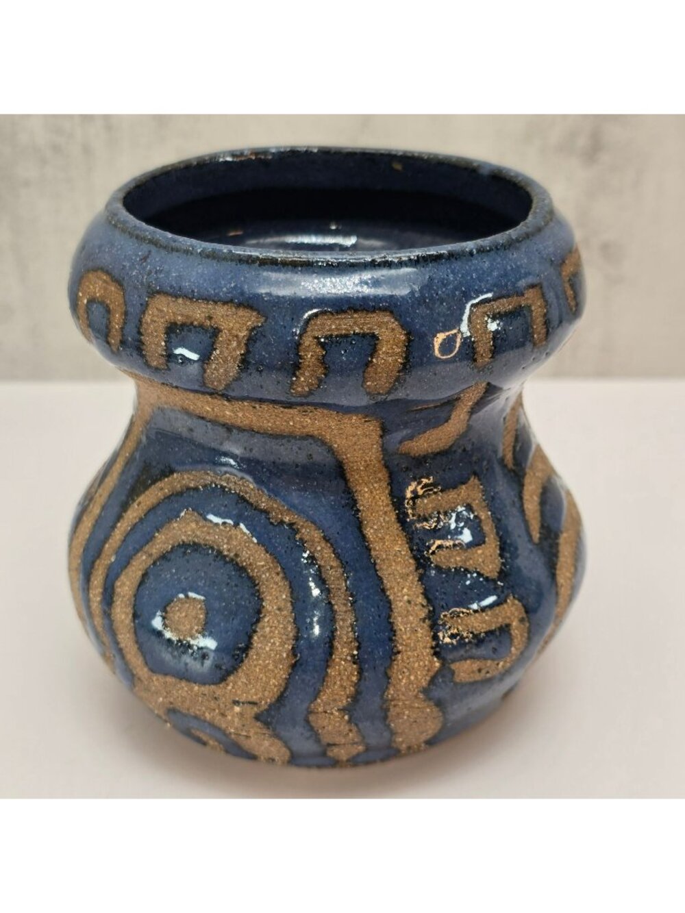 Handcrafted Blue & Tan Glazed Ceramic Vase With Geometric Design CM2354